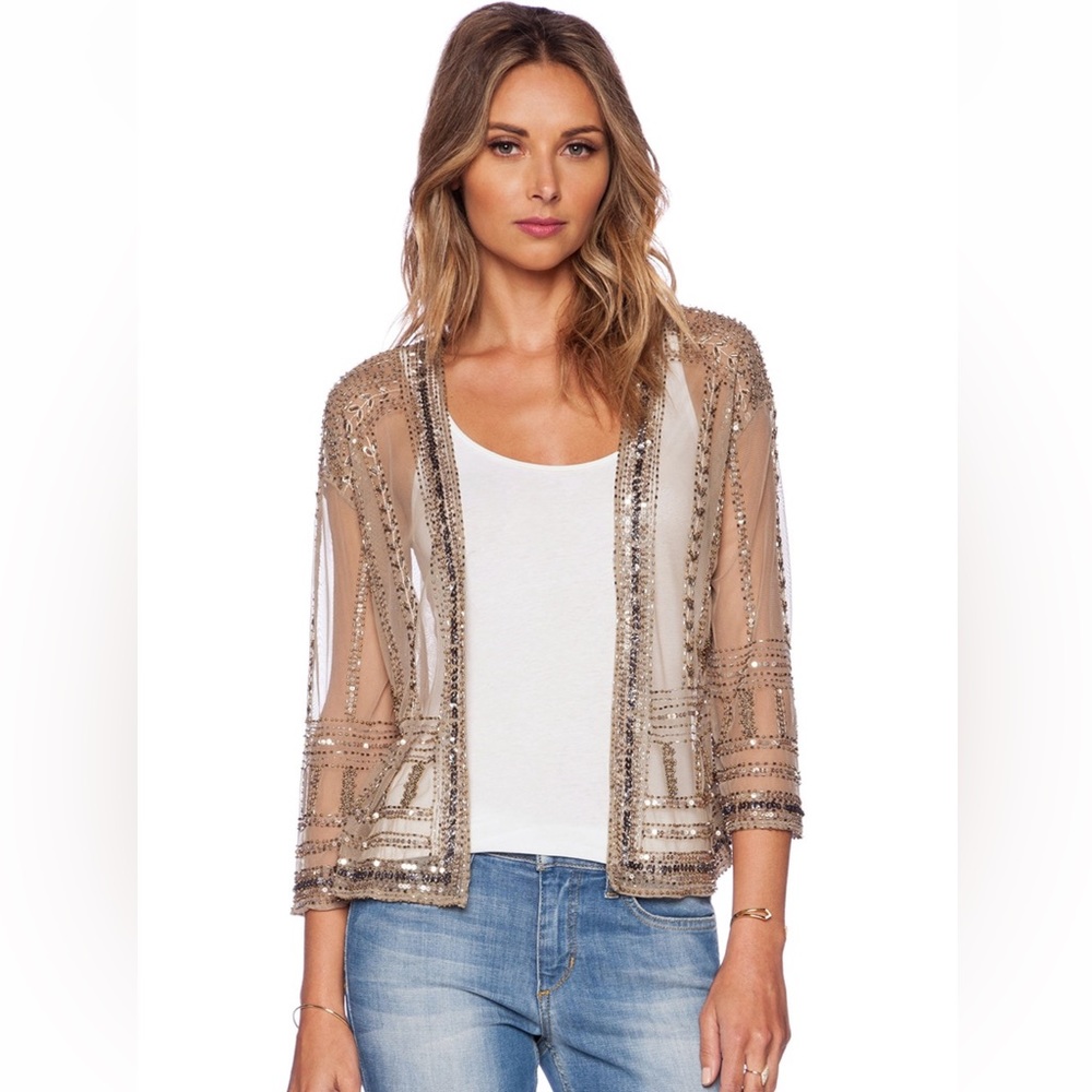 New friends colony - Beaded Sheer Open-Front Jacket - Taupe